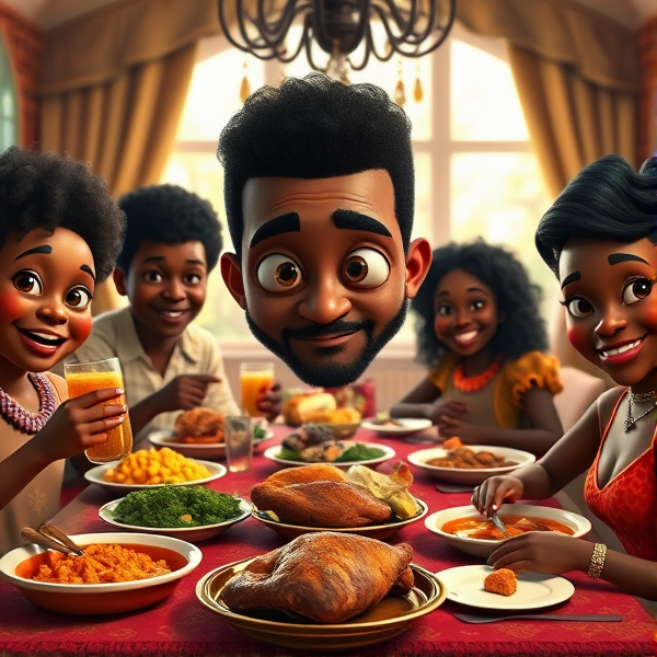 A lively African American family gathering around a richly adorned dinner table, sharing a traditional soul food meal with dishes such as fried chicken, collard greens, macaroni and cheese, cornbread, and sweet potato pie, all set in a warm and inviting dining room filled with laughter and storytelling