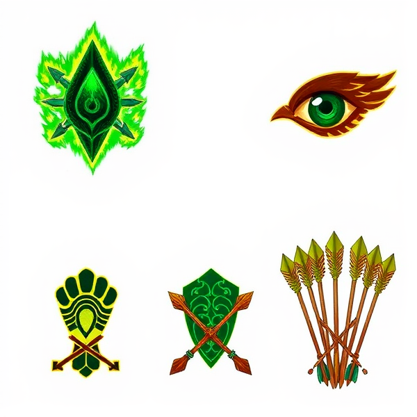 Create random RPG skill icons for a ranger, each featuring intricate designs: 1) An arrowhead surrounded by mystical green flames for a poison shot skill. 2) A silhouette of a hawk's eye for an eagle eye precision skill. 3) A footprint with a glowing aura for a silent step ability. 4) Two crossed longbows with ornate carvings for a double shot ability. 5) A quiver full of various types of arrows to represent an arsenal of elemental shots. Each icon should be distinct and vibrant, suitable for easy identification in a game interface, and should convey the essence of the ranger class with fantasy elements like magic and nature motifs intertwined.