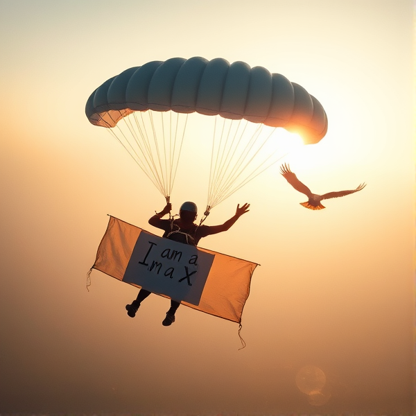 Parachutiste chevronnée en plein saut depuis un avion, déployant une grande banderole accrochée à son parachute, sur laquelle est inscrit "I am a X". La scène est baignée dans une lumière douce et diffuse d'un soleil voilé, donnant l'effet d'une ambiance sereine. Le tissu du parachute doit apparaître avec un effet de transparence détaillé et éthéré. En arrière-plan, un majestueux oiseau de proie plane harmonieusement dans le ciel clair.