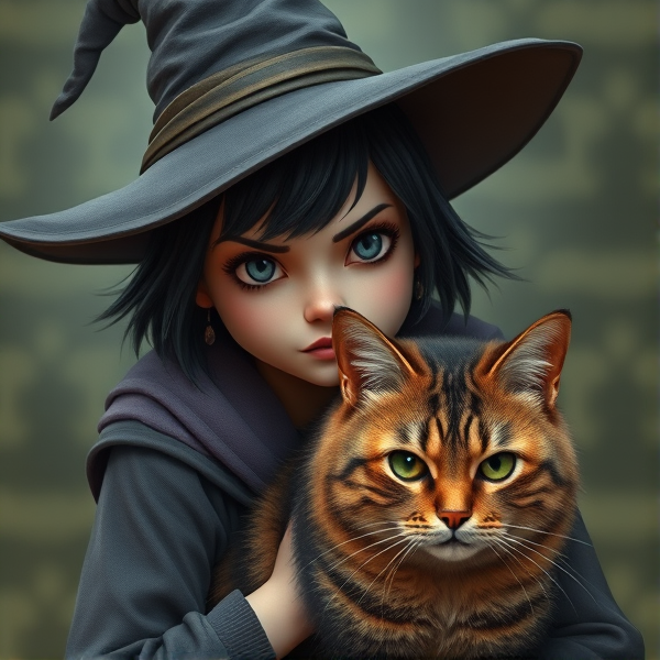 Une sorcière, le visage rond et boudeur, cheveux noirs courts et des yeux gris. Elle a avec elle un gros chat tigré couleur brun et or. Ils ont l'air complices.