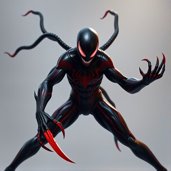 Créer une image d'un symbiote noir et rouge avec une lame rouge sur les bras