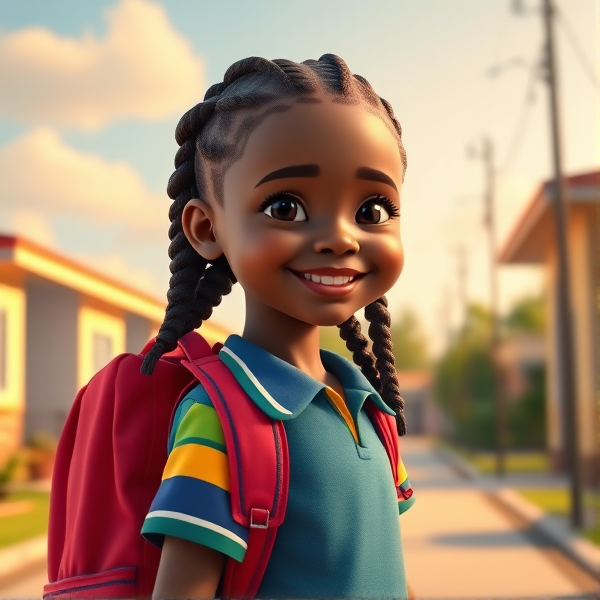 Jeune écolière africaine de huit ans, coiffée de tresses africaines , souriante, portant un uniforme d'école coloré et tenant un cartable robuste sur le chemin de l'école sous un ciel clair matinal