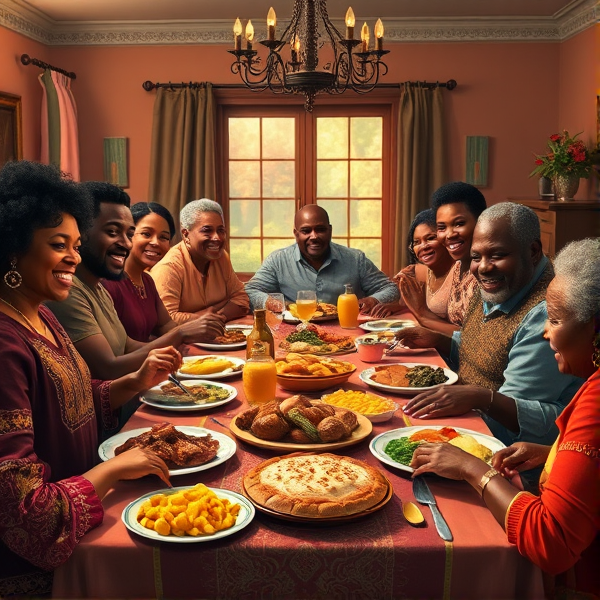 A lively African American big family gathering around a richly adorned dinner table, sharing a traditional soul food meal with dishes such as fried chicken, collard greens, macaroni and cheese, cornbread, and sweet potato pie, all set in a warm and inviting dining room filled with laughter and storytelling