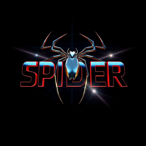 Create a visually arresting 3D logo for "SPIDER" that exudes ultra-modern, sleek design elements with bold sans-serif typography which dynamically bursts forth from a pitch-black background. Infuse the artwork with electrifying light beams inspired by the Capcut app icon's luminosity, casting profound shadows and creating striking highlights across the logo's contours. Incorporate a fusion of cutting-edge curves, crisp edges, and fluid lines to convey both rapidity and elegance. The logo should be enveloped in a metallic skin exhibiting a lustrous, mirror-like finish to dramatically bounce off light, imbuing it with an essence of vigorous motion. Draw upon Pixar's hallmark of incisive imagery and pronounced geometric shapes, injecting the tableau with a lively color spectrum and polished surfaces for additional depth. Utilize rendering techniques paralleling Unreal Engine's hyper-realism and Octane Renderer's ray tracing capabilities to achieve mesmerizing reflections, alongside V-Ray's sophisticated lighting effects to accentuate the mood. Strive for an overwhelmingly surreal visual spectacle that flirts with sci-fi elements, deliberately exaggerating every aspect for maximal impact. This creation ought to be perceived as audaciously lavish, overtly eschewing any inclination towards subtlety or minimalism.