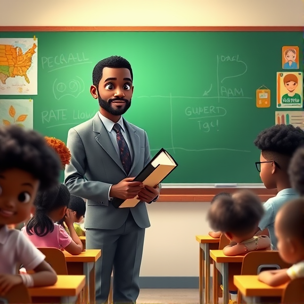 Directeur d'école afro-américain debout tenant un classeur dans ses mains portant un costume formel, dans une salle de classe avec un tableau vert, s'adressant avec bienveillance à un groupe d'élèves afro-américaines attentives de huit ans assises à leurs pupitres. Ils sont entourés de matériel pédagogique adapté à leur âge, comme des cartes géographiques, des affiches éducatives et des dessins d'enfants accrochés aux murs. La scène dégage une atmosphère chaleureuse et encourageante.