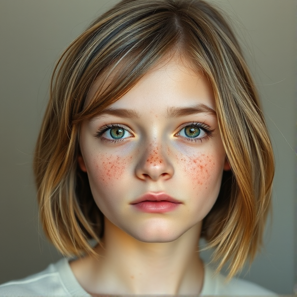 16 year old girl, natural buzzed light brown layered hair, middle part,  hazel brown doe eyes, freckles everywhere , natural eye brows, thinner pale lips longer eye lashes, pale skin color