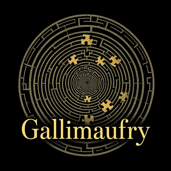 Design a sophisticated and artistic t-shirt graphic for "Gallimaufry," a literary journal, showcasing elements that symbolize paradoxes and puzzles. The visual should include an intricate labyrinth design juxtaposed with an optical illusion that defies expectation, embodying the essence of paradox. Feature enigmatic puzzle pieces subtly integrated into the labyrinth pattern, complemented by elegant typographic representation of the journal's name 'Gallimaufry' in a font that reflects a mysterious or enigmatic aura. The color scheme should be balanced and appealing to literary enthusiasts, with a hint of vintage charm to align with the intellectual theme.