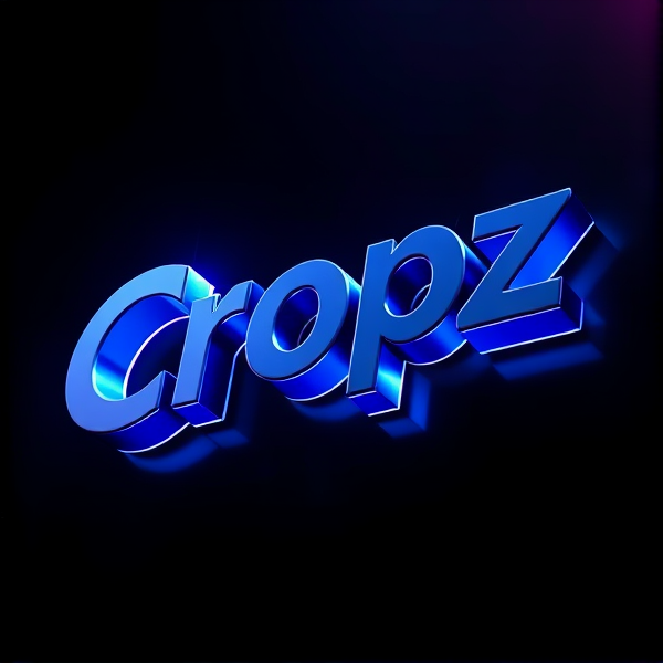 Highly detailed, high-contrast 3D logo of "Cropz" in stylish sans-serif and bold font, leaping from a dark backdrop with dramatic illumination by the Capcut app logo. Accentuating futuristic curves, smooth metallic textures, excitement, and dynamism. Rendered in a vivid and vibrant Pixar-animation style with crisp lines and geometric shapes, utilizing Unreal Engine, Octane Engine, and V-Ray techniques. The overall aesthetic is exaggerated, surreal, sci-fi inspired, and eye-catching
