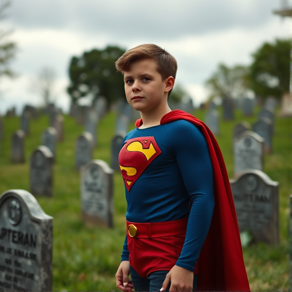 1990's Movie Scene: Jon Kent, AKA Superboy, the young little 12-year old super son of Superman, and the first kid to be born as the world's first Half-Kryptonian child, with an extremely muscular body, the iconic costume, the singular curled bang sticking out at the front of his flat and smooth hair, and a long cape, standing in a graveyard, visiting the grave of his legendary, deceased father, and promises to take his place in the world and carry on his legacy through himself.