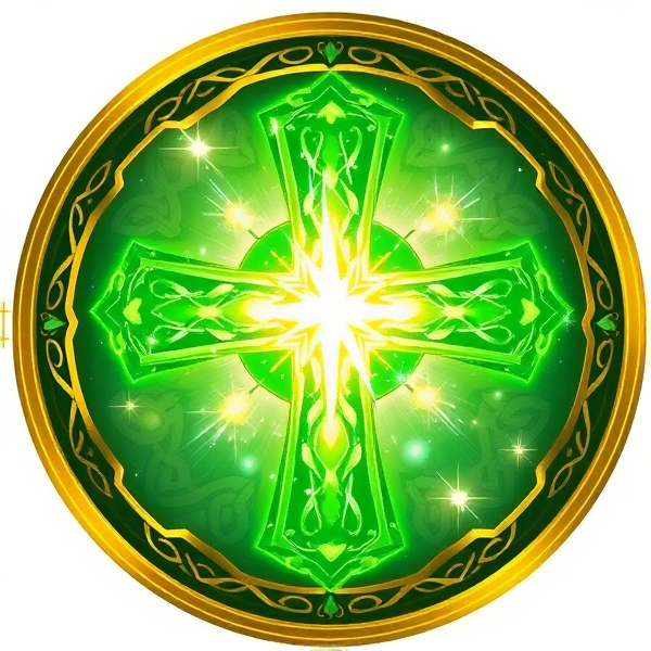 Create an RPG icon to symbolize a heal spell, featuring a vibrant green cross with glowing light effects and sparkles of life energy emanating from the center, intricate Celtic knot patterns subtly integrated into the background to enhance the magical theme, all encased in a golden circular border with ornate detailing to give it a distinguished and powerful look