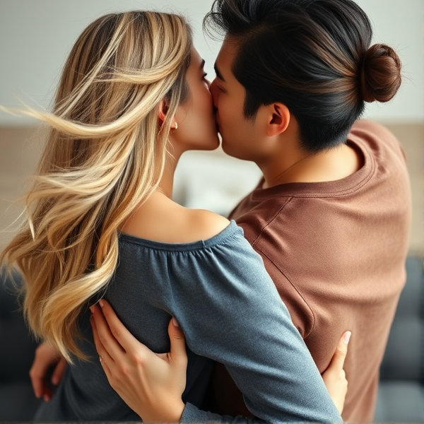 Intimate portrait of a Caucasian woman with flowing blonde hair and a man of East Asian descent in a tender embrace, where she is seated on his lap. She faces him while they share a passionate kiss. The man, sporting shoulder-length, wavy dark hair partially gathered into a half-bun, places his hands gently under her shirt on her lower back. Both individuals convey strong emotion and connection in this close-up scene.