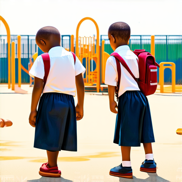 bâtiment d'une école primaire traditionnelle avec cours de récréation, enfants noirs africains en uniforme scolaire chemise blanche et pantalons bleu marine avec des cartables