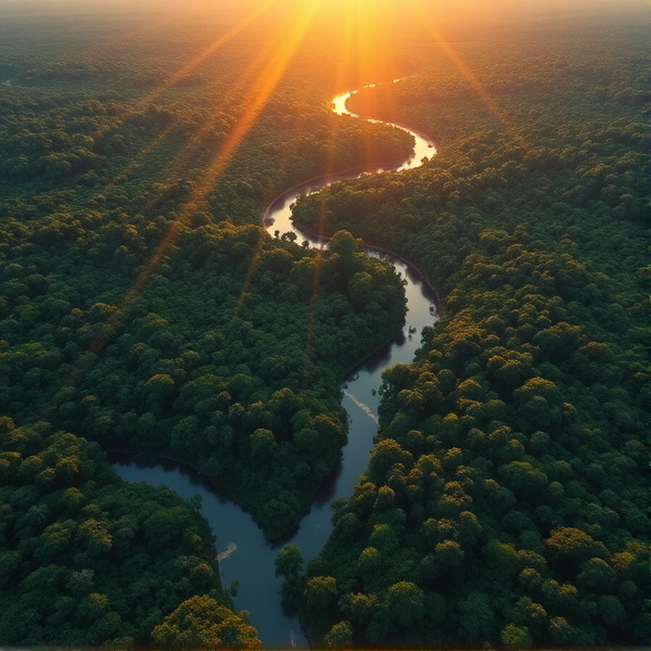 Vue aérienne pittoresque de la forêt équatoriale du Gabon avec des rivières sinueuses et une biodiversité luxuriante, capturée au coucher du soleil, où les rayons dorés filtrent à travers les arbres, créant un jeu de lumière et d'ombre
