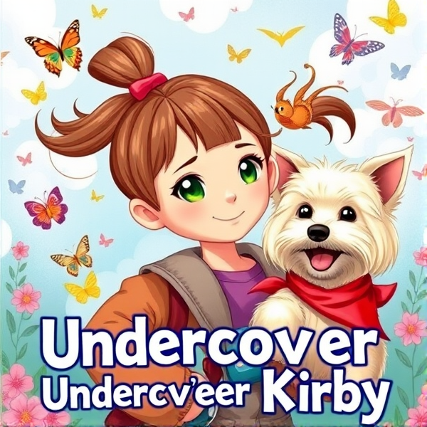 Bright and whimsical book cover design featuring a 10 year old with brown ponytail with red ribbon and small round green eyes as the protagonist on an adventurous journey, bursting with vivid colors and elements that appeal to 10-year-old girls such as butterflies and pretty birds, and friendly cream long haired small maltese terrier dog with long hanging ears and red bandana around neck looking happily at protagonist.. The artwork should capture the essence of a childlike wonder and the excitement of exploration, ideally incorporating symbols of adventure like compasses, binoculars, or hidden paths. The typography should be bold and inviting, resonating with young readers' imagination and sense of fun. The title is: Undercover Kirby. The art style should realistic hand drawn illustration
