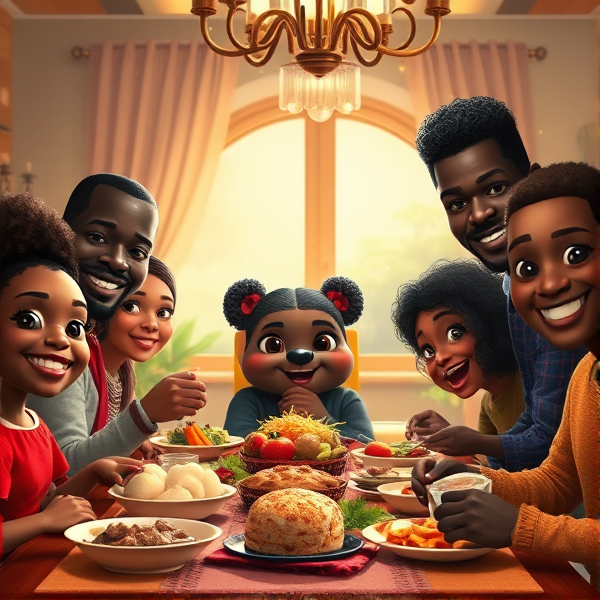repas chaleureux d'une grande famille afro-américaine réunie autour d'une table festive, sourires et complicité, cuisine traditionnelle, intérieur accueillant