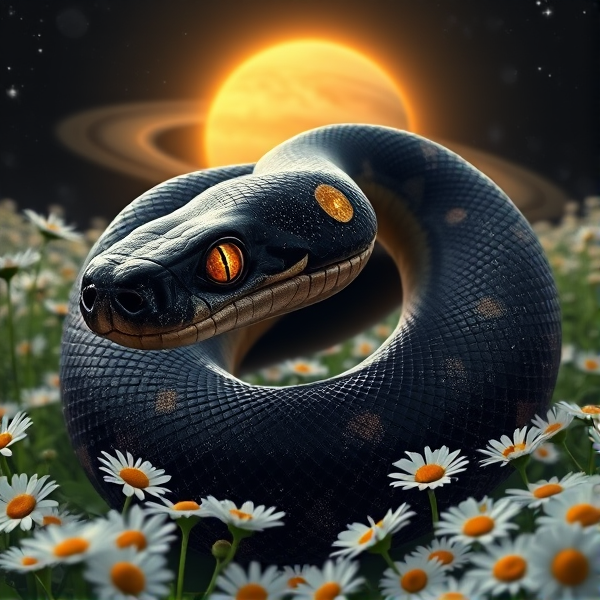 a black and star and planet covers shimmer ball python with the sun and moon for eyes with an opens mouth in a field of daisies and a sun glow and a Saturn behind it