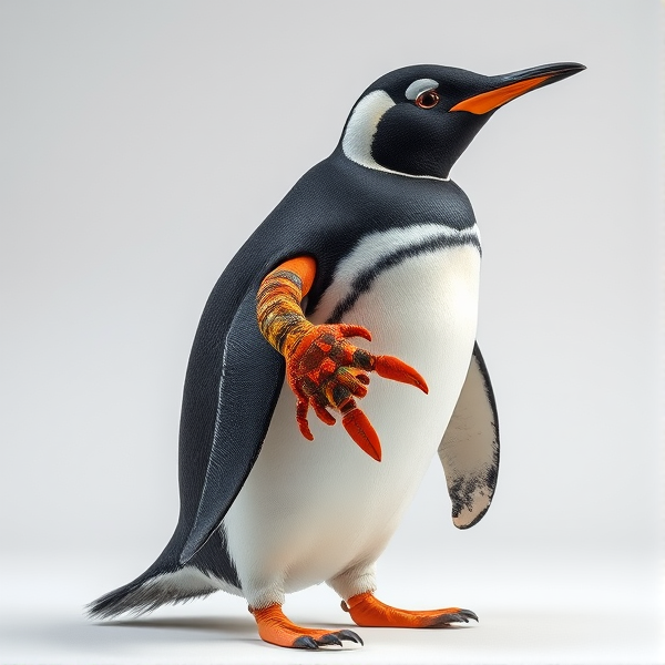 An imaginative creature with the body of a penguin, including its black and white plumage and upright posture, seamlessly fused with distinctive lobster features such as prominent claws and a segmented exoskeleton; both elements integrated in a natural and believable way