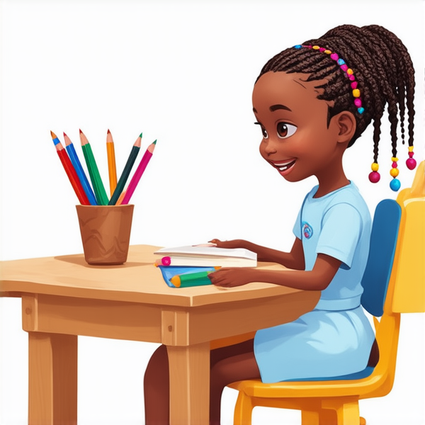 Jeune fille africaine de 8 ans vêtue d'une robe bleu ciel, coiffée de tresses africaines complexes avec des perles colorées, affichant un large sourire éclatant, assise sur une chaise d'écolier face à un bureau en bois clair, dans une salle de classe ensoleillée et bien éclairée, avec des fournitures scolaires et des dessins d'enfants visibles en arrière-plan