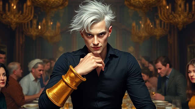 A svelte young man personifying the vice of gluttony with ghostly pale skin, untamed snowy hair veiling his intense amber eyes, and a sly smirk playing on his lips. His paradoxically lean frame signifies an unquenchable hunger. He dons a snug-fitting black shirt that contrasts with opulent golden cuffs encircling his wrists. Poised atop a table amidst an opulent medieval feast hall, he commands the attention of surrounding patrons who gaze upon him with a blend of awe and apprehension.