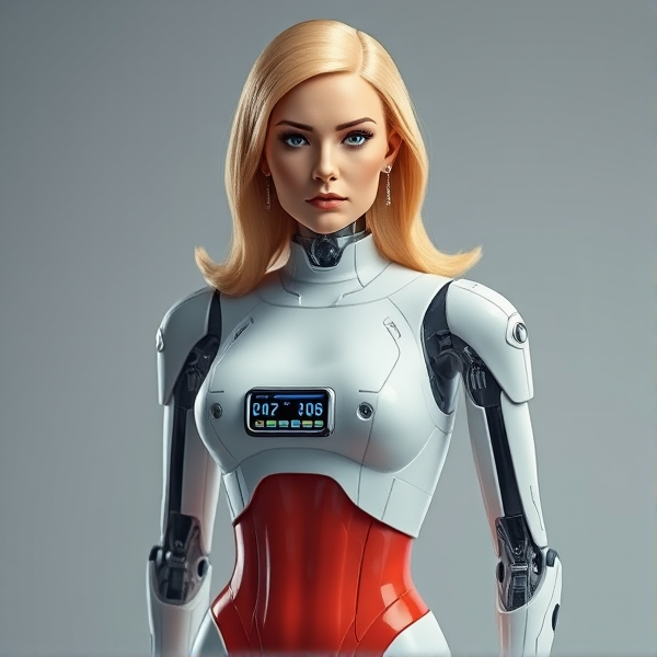 Star Trek fembot human blonde android robot body with control panel in chest