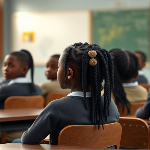 des filles noires de huit ans avec des tresses africaine et garçons assis dans une classe face au tableau