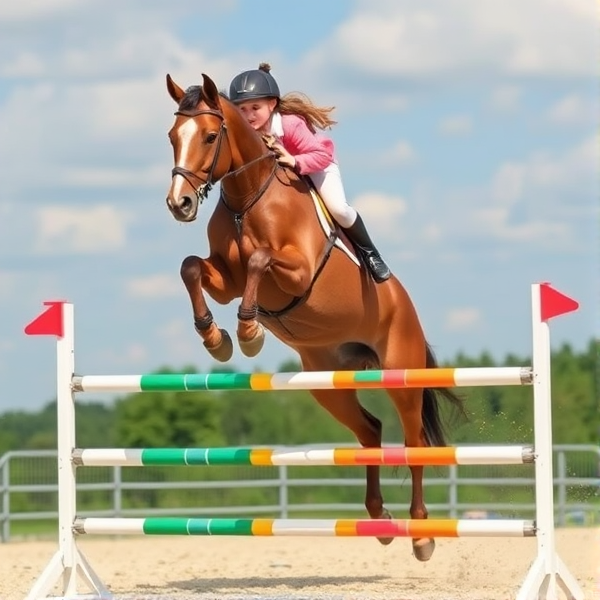 girl jumping little pony over a small showjump vertical