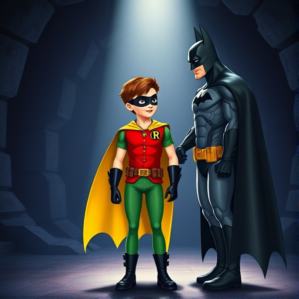 Movie Scene: A medium, preteen 12-year old boy with light skin and dark brown hair named Connor Bardley, but dressed as Robin, The Boy Wonder, with an extremely muscular body, a sleek green suit with a red torso with a black circle with a yellow R symbol on his left pectoral, a gold utility belt, black boots, black long-cuffed gloves, a big, heel-length, ultra-wide collared cape that's black on the outside and yellow on the inside, and a black eye mask, standing in the Bat Cave, where he meets Batman for the first time, where they shake hands and officially team up.