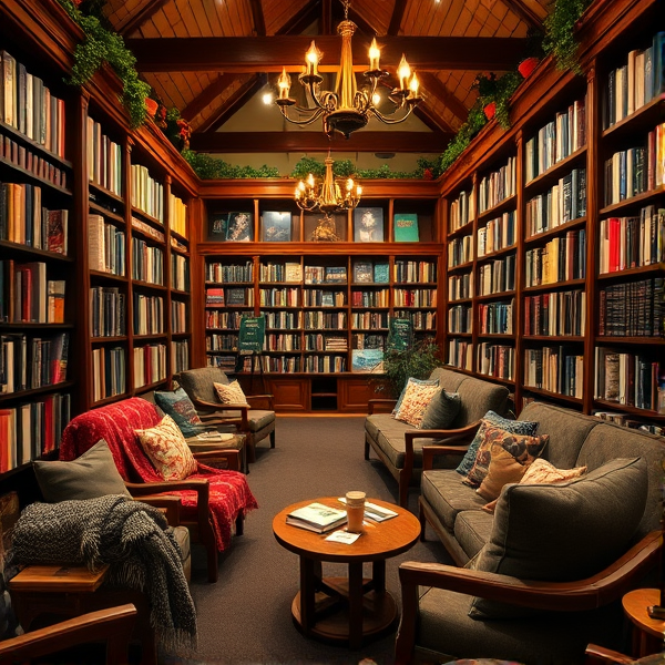 A cozy romance bookstore like Barnes and Noble with blankets and starbucks iced coffee and cushions
