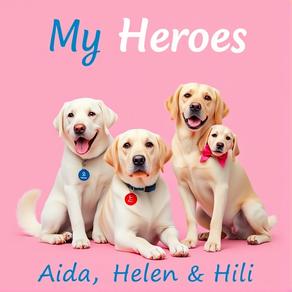 create poster with "My Heroes" and pink background. On the bottom says Aida, Helen & Hili. The poster has three female dogs. one dog is beautiful white cross-breed labrador and golden retreiver guide dog standing with a smile and wagging tail with blue name tag says Aida. next to her is laying a light colored beautiful labrador with red name tag that says Helen. Helen's long ears are a bit darker at the bottom. next to Helen sits a beautiful light colored fit golden and labrador cross bread with long light ears smiling with a pink bow in her ear. Hili is not a puppy
