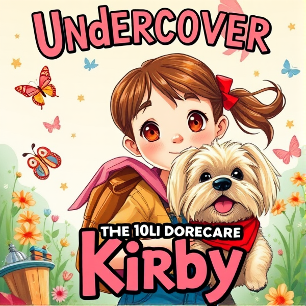 Bright and fun book cover design featuring a 10 year old girl with brown ponytail with red ribbon and small round brown eyes as the protagonist on an adventurous journey, bursting with vivid colors and elements that appeal to 10-year-old girls such as butterflies, flowers and pretty birds, and a friendly blonde long haired small maltese terrier dog with long hanging ears and red bandana around neck looking happily at protagonist.. The artwork should capture the essence of a childlike wonder and the excitement of exploration, ideally incorporating symbols of adventure like compasses, binoculars, or hidden paths. The typography should be bold and inviting, resonating with young readers' imagination and sense of fun. The title is: Undercover Kirby. The art style should realistic hand drawn illustration