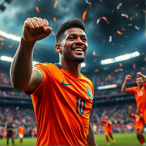 Portrait ultra-réaliste de Memphis Depay en plein triomphe après un but crucial pendant la finale de la Coupe du Monde, jouant pour l'équipe nationale des Pays-Bas. L'expression de son visage est un concentré d'émotions intenses, avec des yeux pétillants et déterminés, rougis et humides de larmes de joie. La peau du joueur est recouverte de sueur brillante sous les projecteurs intenses qui mettent en relief sa musculature saisissante et sa mâchoire volontaire, symboles de son engagement et de sa rigueur. Ses cheveux courts se dressent légèrement, témoins de l'exaltation ambiante, alors que ses tatouages emblématiques et sa barbe impeccablement taillée accentuent le réalisme du portrait. Memphis porte le maillot vibrante orange de l'équipe des Pays-Bas moulant son corps athlétique, avec le numéro 10 emblématique mis en évidence par une clarté immaculée. Dans un geste puissant, il lève un poing victorieux vers les cieux menaçants au-dessus du stade où l'orage semble gronder en écho à la ferveur des supporters. Les visages des fans sont peints aux couleurs nationales orange et blanc, partageant leur allégresse dans les tribunes. Autour de lui, les confettis s'envolent dans l'air sur le terrain humide qui réfléchit cette atmosphère électrique; pendant ce temps ses coéquipiers exultent en arrière-plan formant une mosaïque vibrante d’union, leurs contours tranchant nettement sur fond d’éclairage stroboscopique et d'éclairs sporadiques provenant des appareils photo capturant cet instant historique