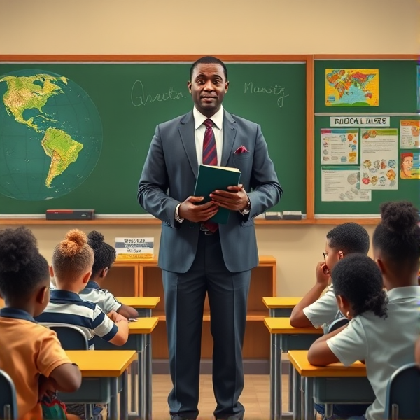 Directeur d'école afro-américain debout tenant un classeur dans ses mains portant un costume formel, dans une salle de classe avec un tableau vert, s'adressant avec bienveillance à un groupe d'élèves afro-américaines attentives de huit ans assises à leurs pupitres. Ils sont entourés de matériel pédagogique adapté à leur âge, comme des cartes géographiques, des affiches éducatives et des dessins d'enfants accrochés aux murs. La scène dégage une atmosphère chaleureuse et encourageante.