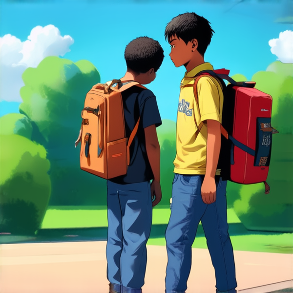 deux garçons noire agés de 12 ans et 14 ans avec des cartables dans la cour d'une école