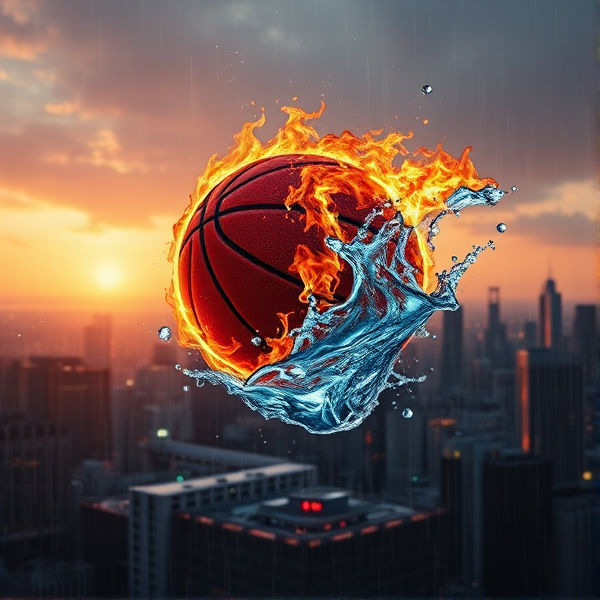 Ean Hartwell Logo with Fire and Water on it, with basketball in the air on fire, hyper realistic,