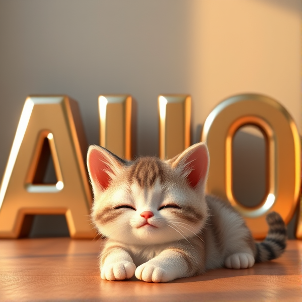 An adorable, fluffy kitten laying on the ground comfortably Infront of, shiny 3D block letters forming the acronym "AUO" with its eyes gently closed and a contented expression