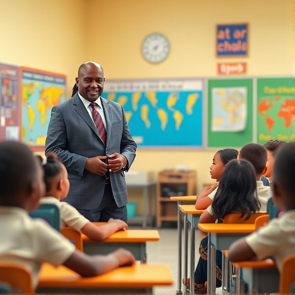 Directeur d'école afro-américain debout, portant un costume formel, dans une salle de classe lumineuse et colorée, s'adressant avec bienveillance à un groupe d'élèves afro-américaines attentives de huit ans assises à leurs pupitres. Ils sont entourés de matériel pédagogique adapté à leur âge, comme des cartes géographiques, des affiches éducatives et des dessins d'enfants accrochés aux murs. La scène dégage une atmosphère chaleureuse et encourageante.