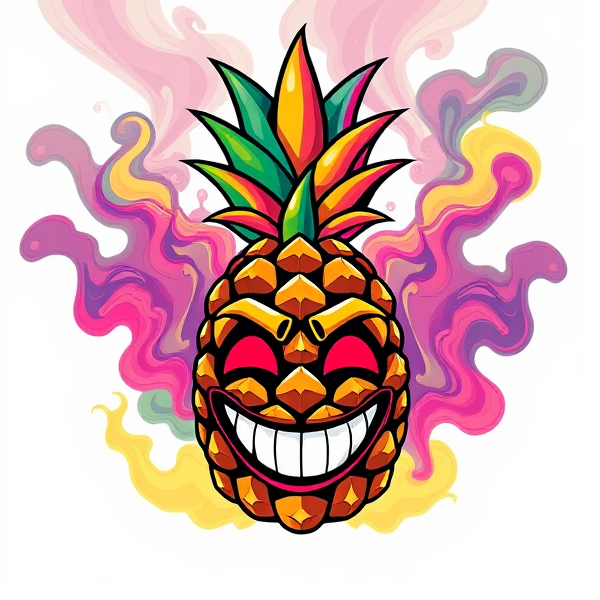 Logo d'ananas fantaisiste et dynamique aux couleurs éclatantes et motifs tropicaux, entouré de volutes de fumée artistiques formant un visage souriant et expressif