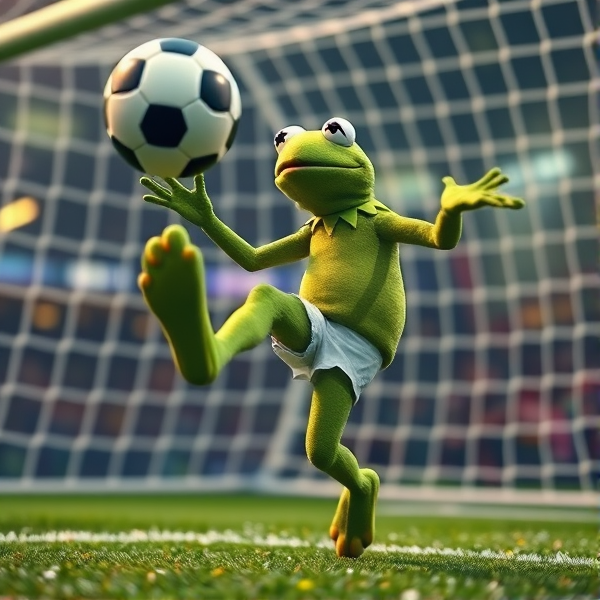 Kermit the frog kicks the ball top left into the soccer goal