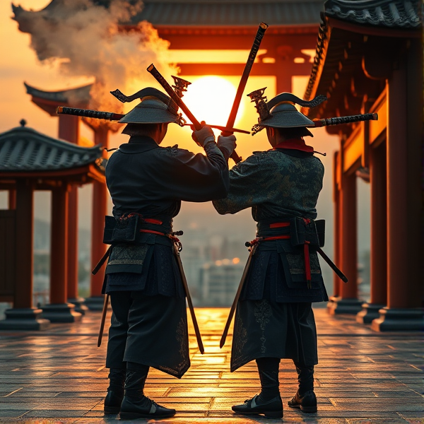 2 Japanese samurai doing a Japanese  bow to their master with flaming swords on their back in a Japanese temple at sunrise