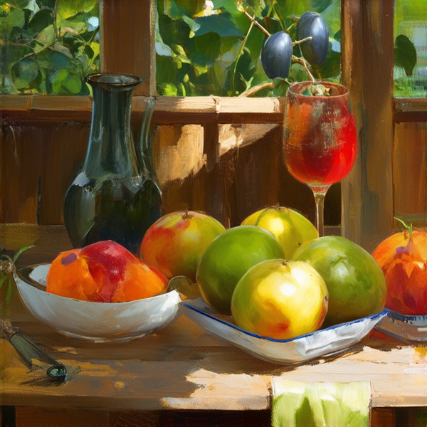 Jardin luxuriant avec diverses arbustes verdoyants, fruits et légumes entouré d'une clôture en bois