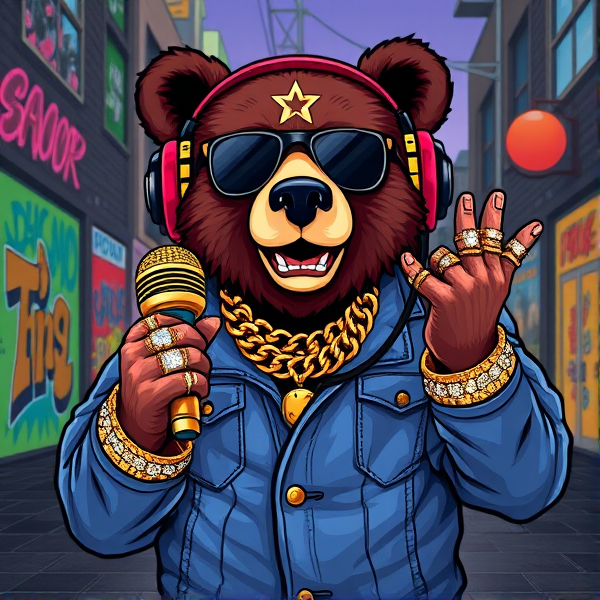 Anthropomorphe ours en posture relaxée incarnant l'attitude décontractée du hip-hop, portant des écouteurs surdimensionnés de style casque de DJ et une veste en denim richement décorée de graffitis multicolores. L'ours tient un microphone doré avec assurance, ses doigts ornés de multiples bagues scintillantes incrustées de pierres précieuses. Autour du cou, des chaînes en or massives témoignent d'une appartenance marquée à la culture urbaine. En arrière-plan, une scène de rue animée avec des fresques murales illustrant les symboles emblématiques du rap comme des platines et des disques vinyles.
