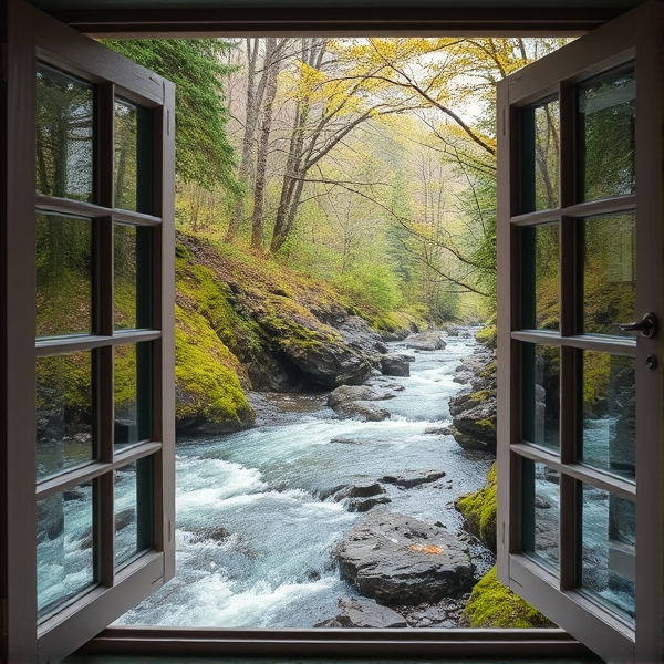 Window looking out over a flowing stream with trees rock and greenaty