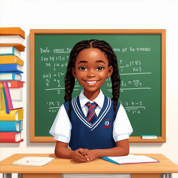 jeune fille noire de 10 ans, vêtue d'un uniforme scolaire des tresses africaines, debout souriante et concentrée devant un tableau noir rempli de calcul mathématique dans une salle de classe ensoleillée et colorée avec des bureaux en bois et des affiches éducatives sur les murs