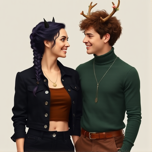 A woman with fair skin and dark dark purple hair braided into a single braid. She has short small black horns that barely poke out past her hair. She has a gold necklace. She wears a cropped black jacket with silver buttons, a brown crop top underneath, and high waist black pants. Next to her is a pale skinned man, slightly taller than her, with short brown very curly hair. He has deer antlers with flowers on then and a deer nose. He has a silver necklace. He wears a green turtleneck and brown pants. They are in love, looking at eachother and laughing