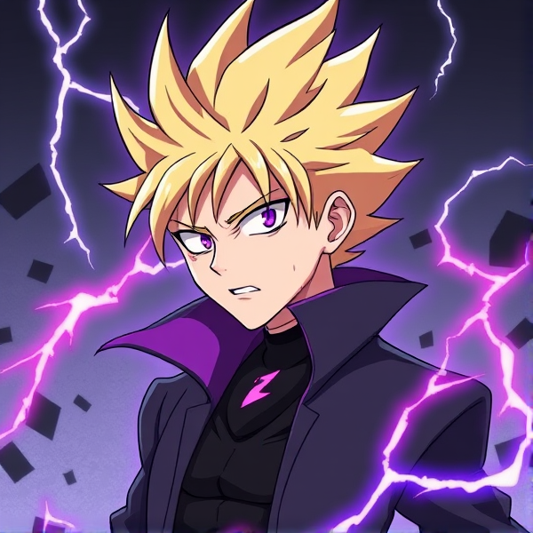 My hero academia oc. Blonde spikey jagged hair. Evil. Villain. 15. Purple electric quirk