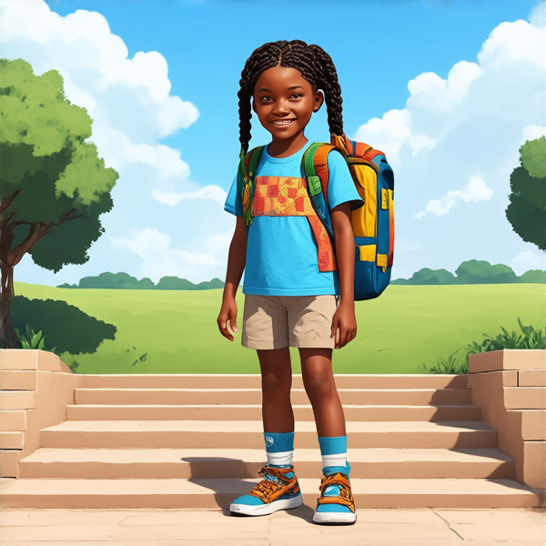 Jeune fille africaine de 8 ans portant des tresses africaines élaborées et un sourire joyeux, debout fièrement avec un cartable coloré sur le dos devant les marches d'une école primaire, sous un ciel bleu clair d'après-midi.