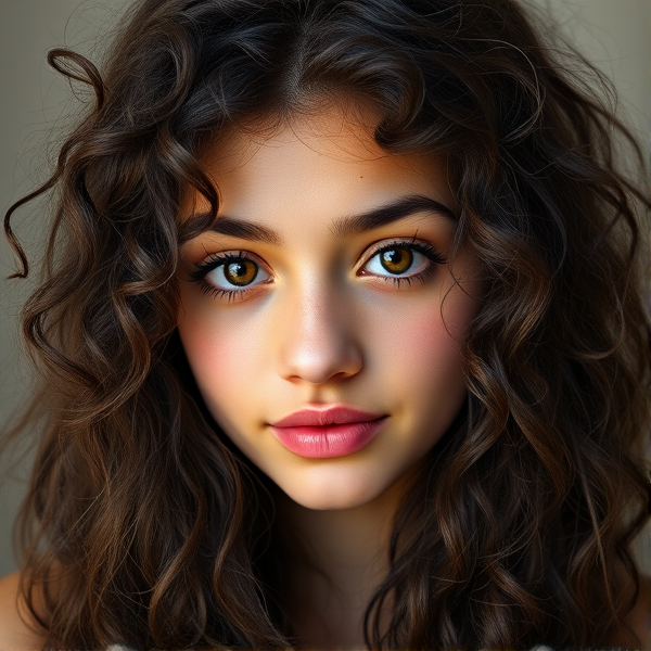A 17 yearold girl with long naturally super curly dark brown hair, short eyelashes,  brown eyes, medium natural curved eyebrows, medium natural thick lips, slight tan skin, slight natural blush. In realism