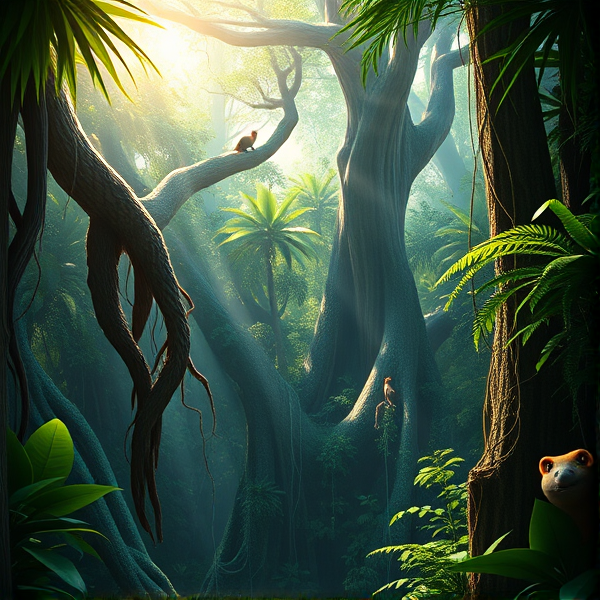 Forêt tropicale luxuriante du Gabon illustrant une biodiversité exceptionnelle avec des espèces animales endémiques perchées sur d'immenses arbres anciens, des lianes épaisses s'enroulant autour de troncs robustes et des rayons de soleil perçant délicatement le dense feuillage vert pour créer un jeu de lumière naturel et vivant