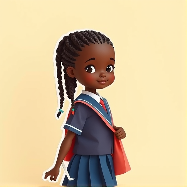 Jeune fille africaine de huit ans avec des tresses traditionnelles, vêtue d'un uniforme scolaire rentrant à la maison