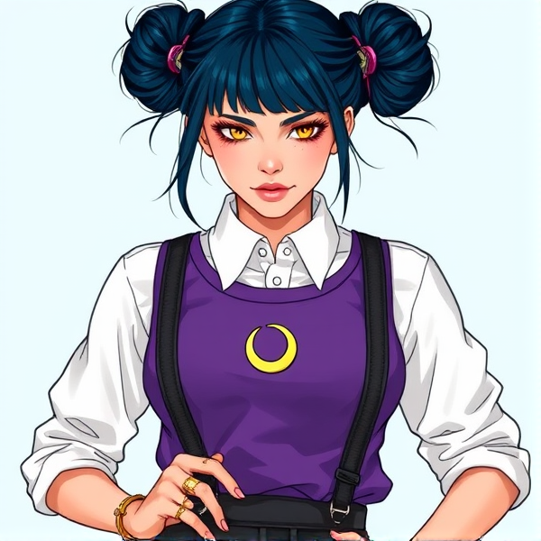 A woman with dark blue hair in space buns. She wears a white shirt with the sleeves rolled up underneath a purple tank vest. There is a crescent moon pin in the center of the vest neckline. She has piercing yellow eyes. She wears dark gray pants with dark gray suspenders hanging off to the side off her shoulders. She wears lots of golden rings